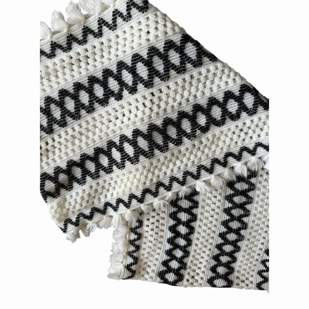 Handmade Black White Gray Crochet Infinity Scarf Zigzag Wave Pattern Fringe Cowl